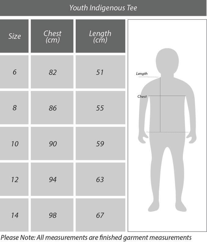 Youths Indigenous Tee Size Chart