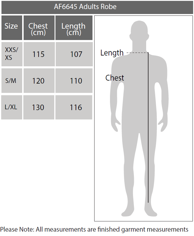 Size Chart Bath Robes