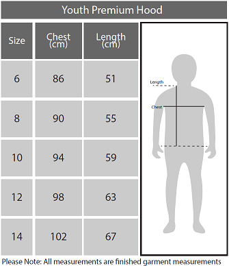 Youths Premium Hood Size Chart