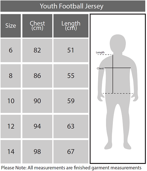 Youths Football Jersey Size Chart