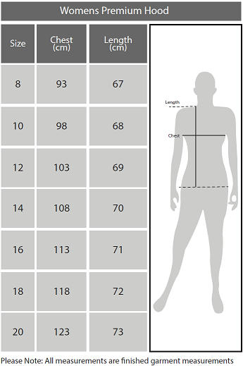 Womens Premium Hood Size Chart