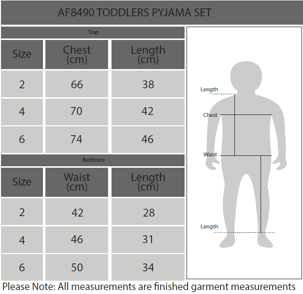 Toddlers PJ's Size Chart
