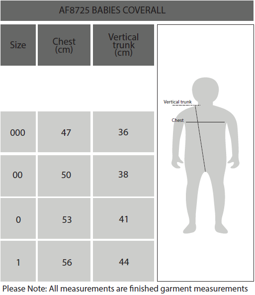 Babies Coverall size chart