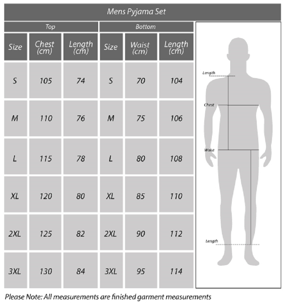 Size Chart Mens PJ Sets