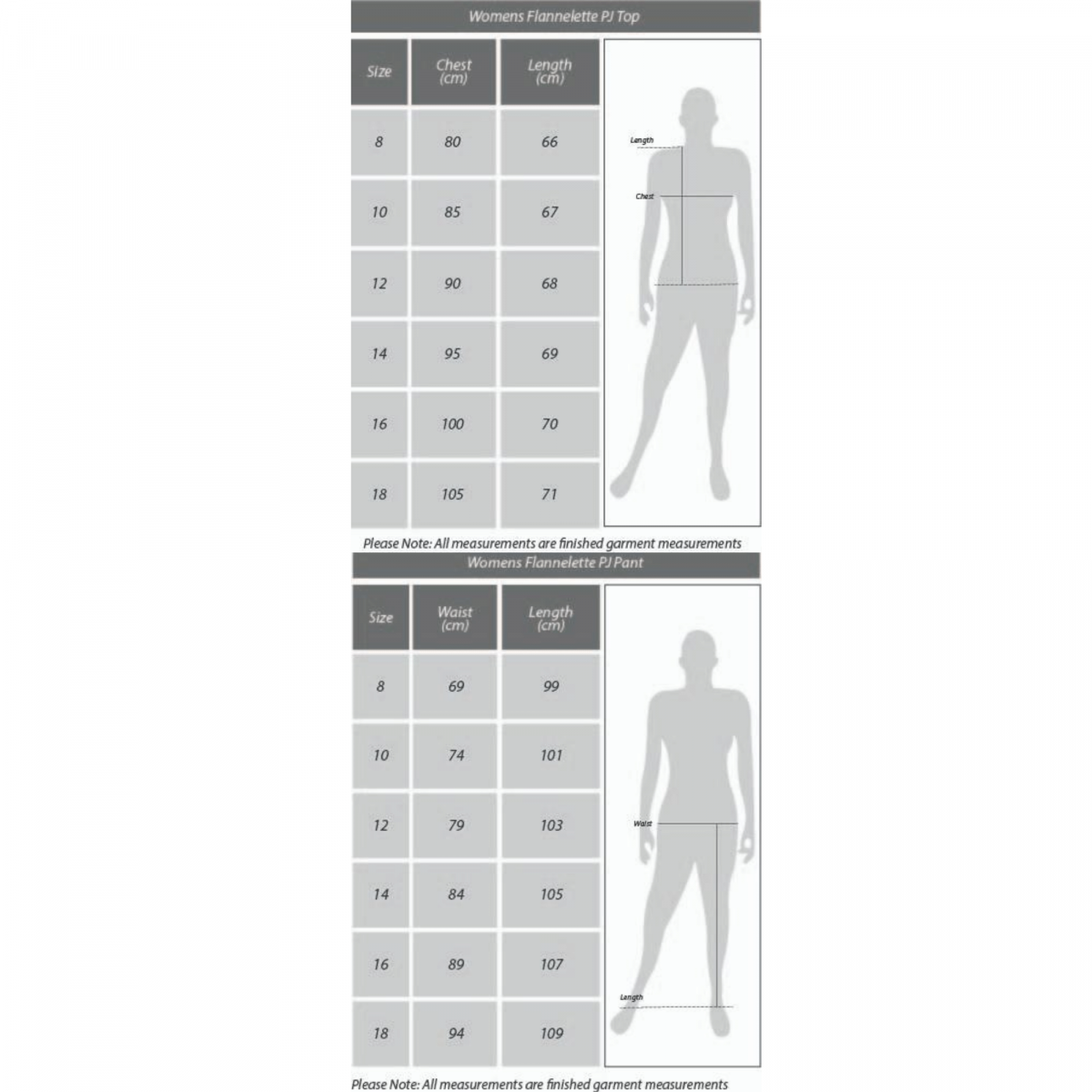 Size Chart Ladies Flannel PJs