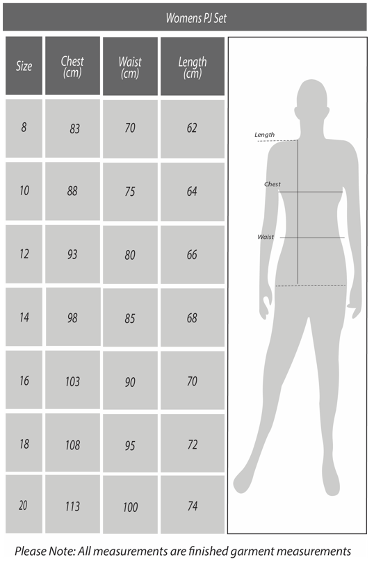 Womens PJ Set Size Chart