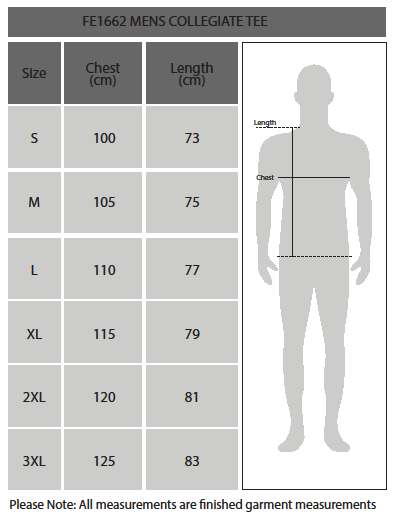 Mens Collegiate Tee Size Chart