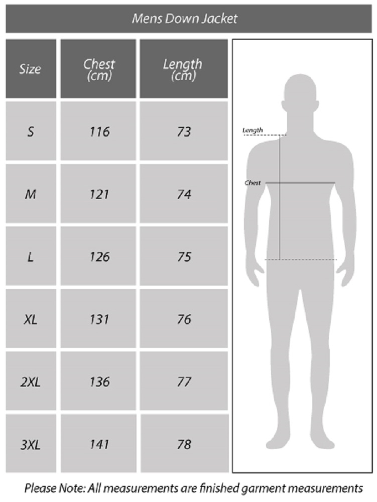 Mens Down Jacket Size Chart