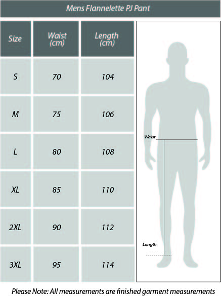 Size Chart Mens Flannel Pants