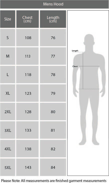 Mens Premium Hood Size Chart
