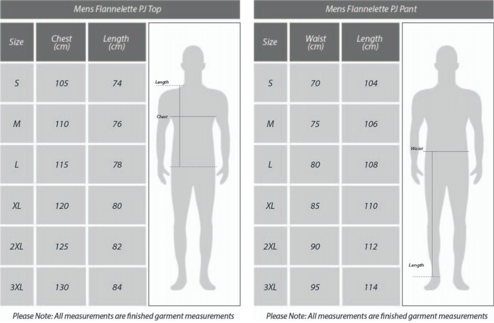 Size Chart Mens Flannelette PJs