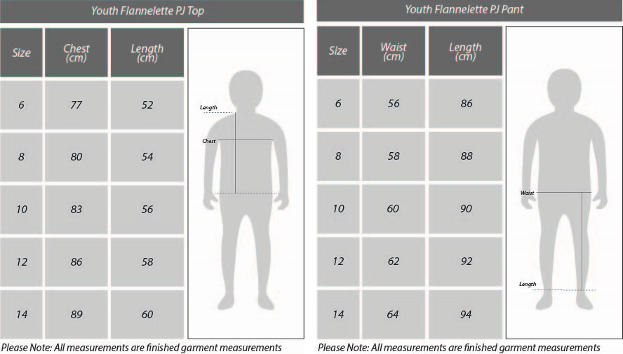 Youths Flannel PJ Set Size Chart