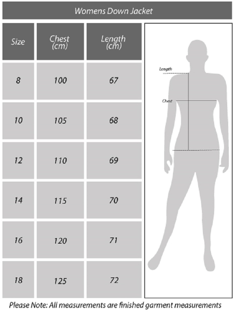Womens Down Jackets Size Chart