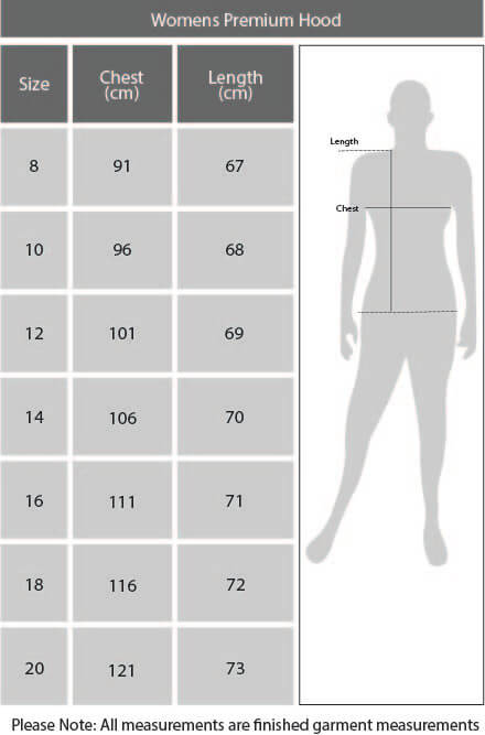 Womens Premium Hood Size Chart