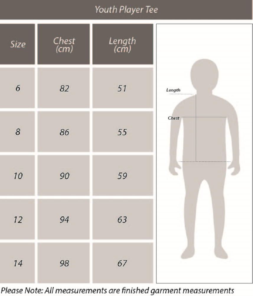 Youths Player Tee Size Chart