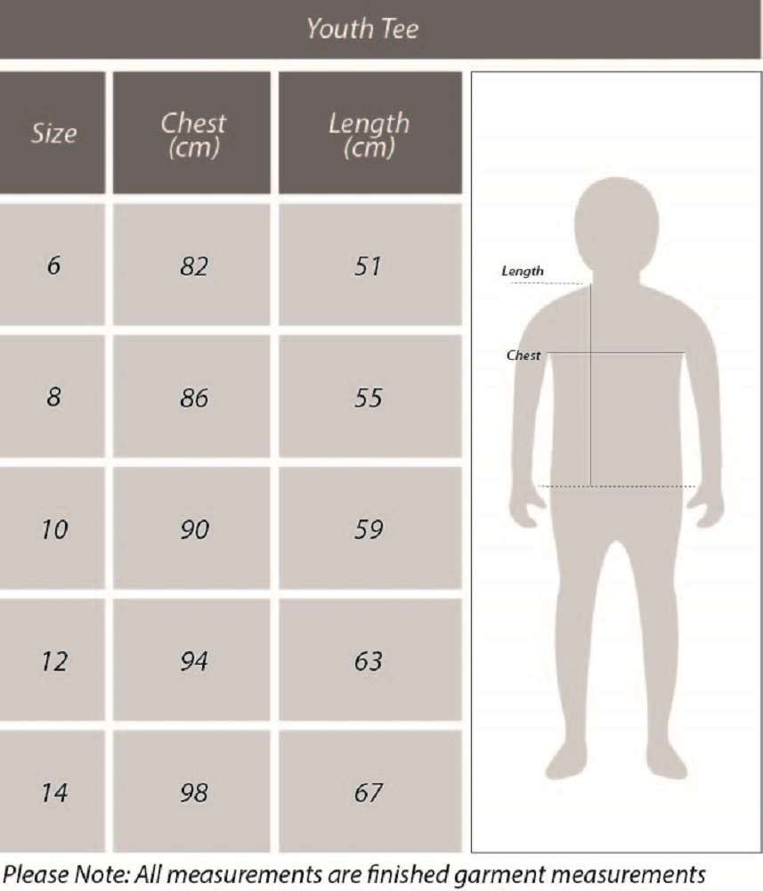 Youths Tee Size Chart
