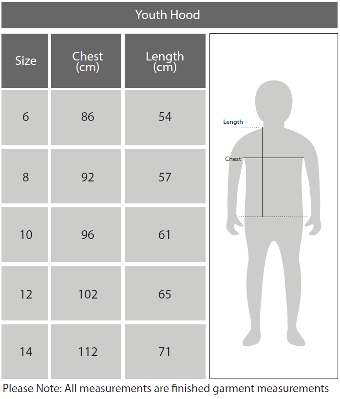 Size Chart Youths hood