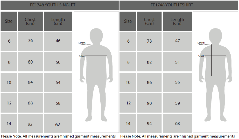 Size Chart Youths Tee and Singlet pack