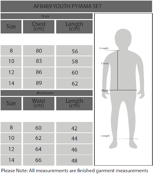 Youths Summer PJ Size Chart