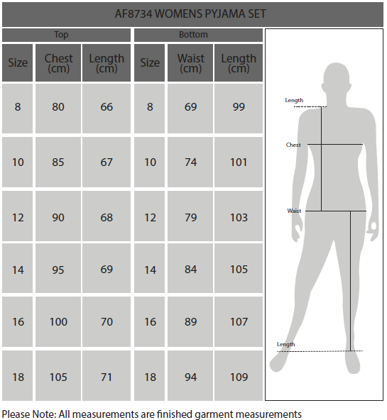 Womens Supporter PJ's Size Chart