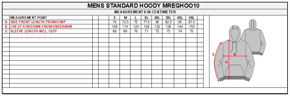 Size Chart Mens Hoodie