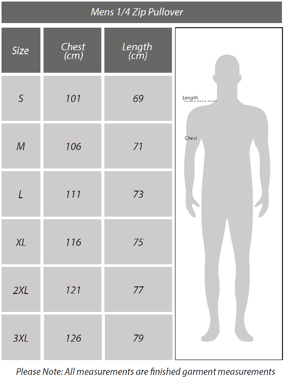 Mens Quarter Zip Pullover Size Chart