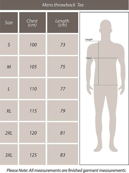 Mens Throwback Tees Size Chart