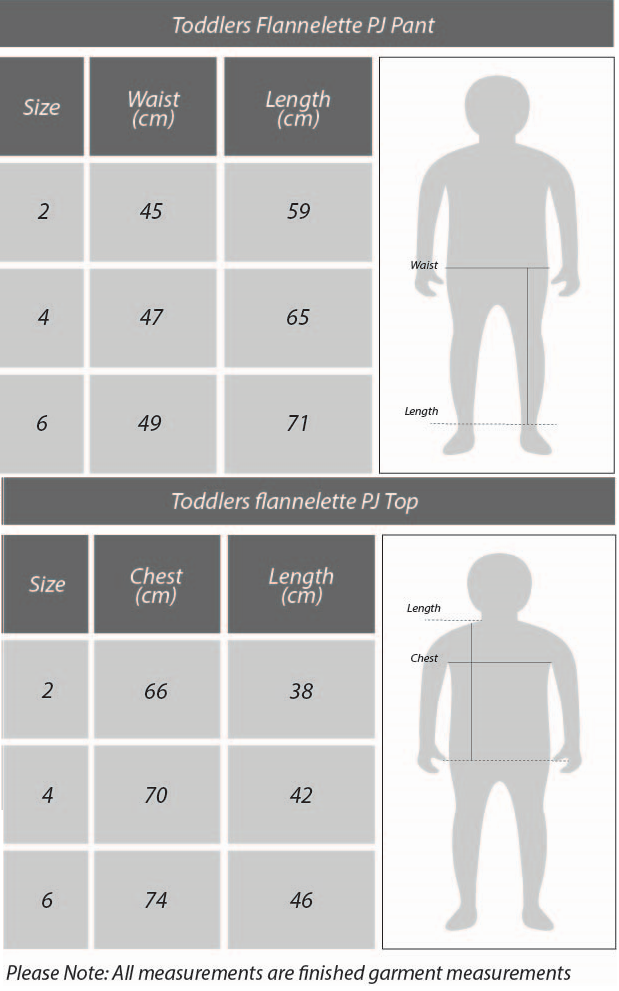 Toddler PJ Set Size Chart