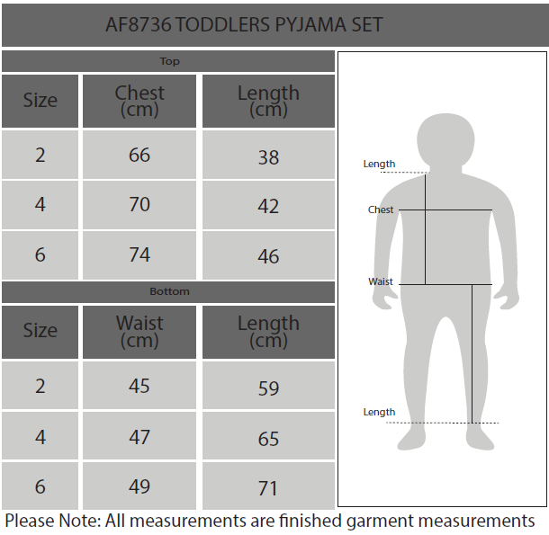 Toddlers Supporter PJ's Size Chart