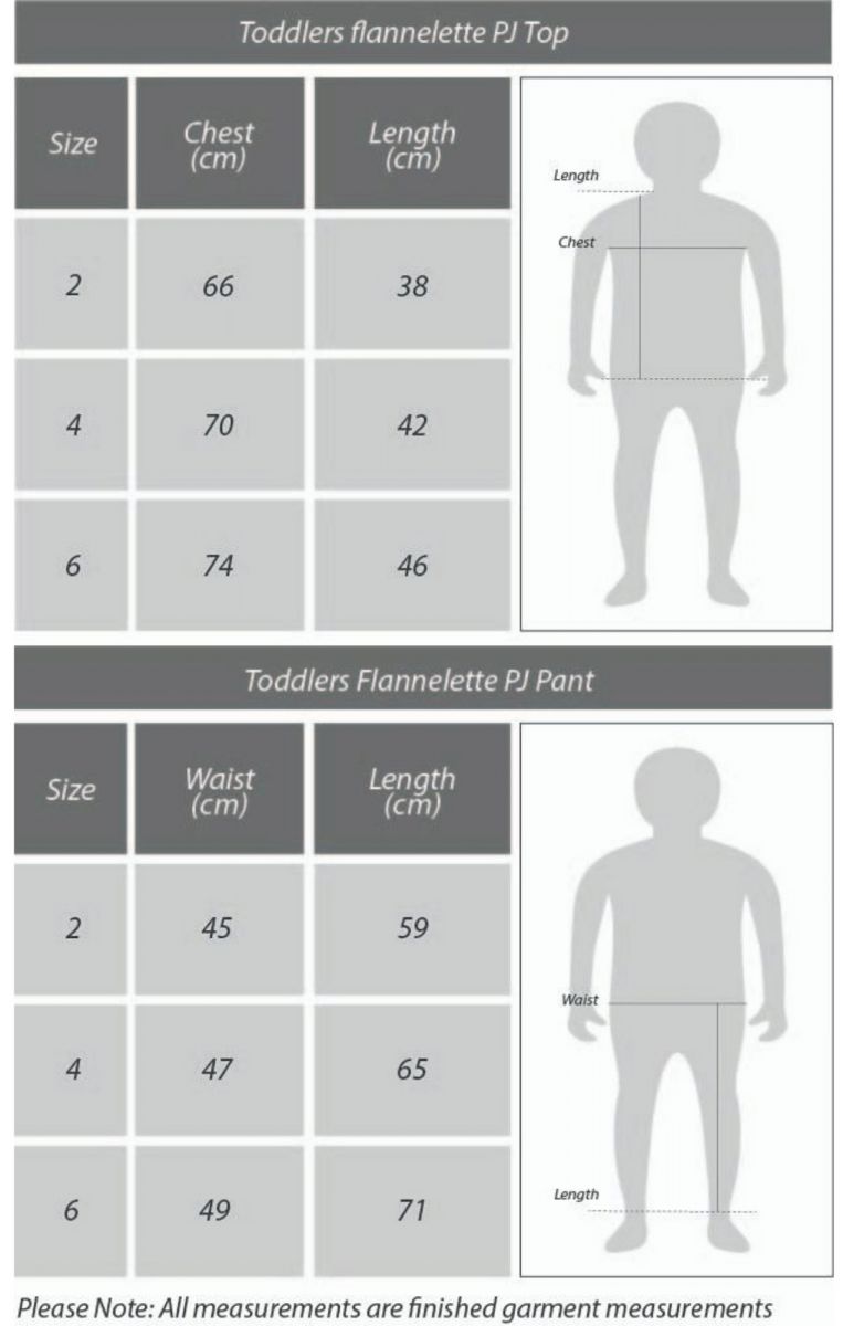 Size Chart Toddlers Flannel PJs
