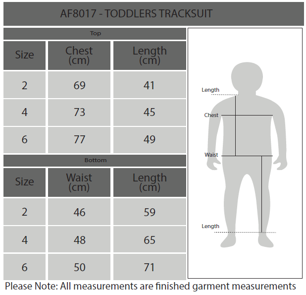 Toddlers Tracksuit Size Chart