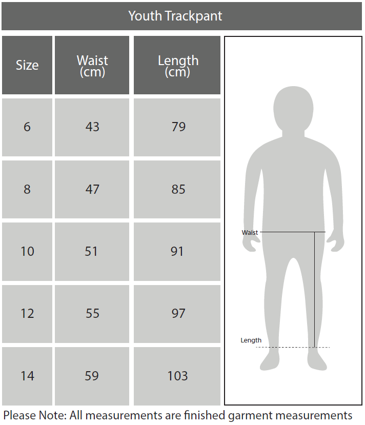 Youths Trackpants Size Chart