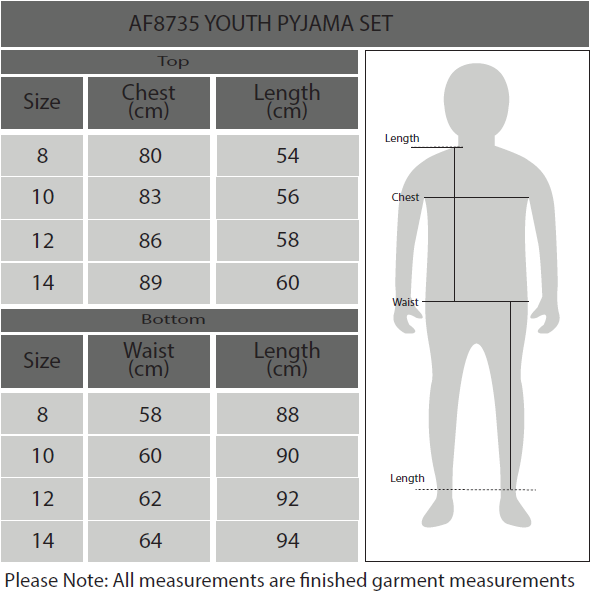Youths Supporter PJ's Size Chart
