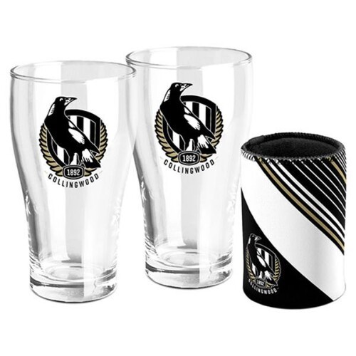 Collingwood Magpies Set of 2 Pint Glasses and Can Cooler