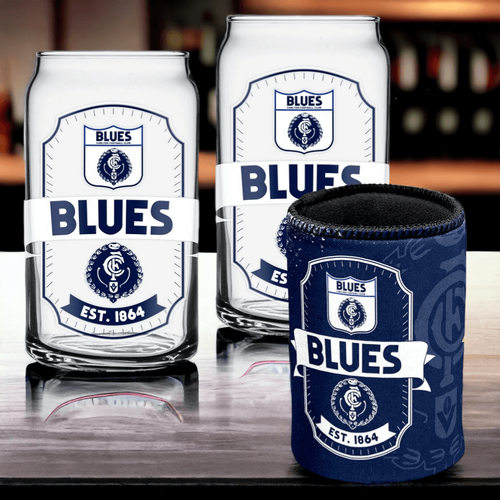 Carlton Blues Can Shaped Glasses with Can Cooler