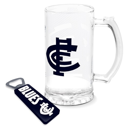 Carlton Blues Stein Glass & Magnetic Bottle Opener