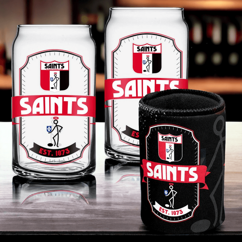 St Kilda Saints Can Shaped Glasses with Can Cooler